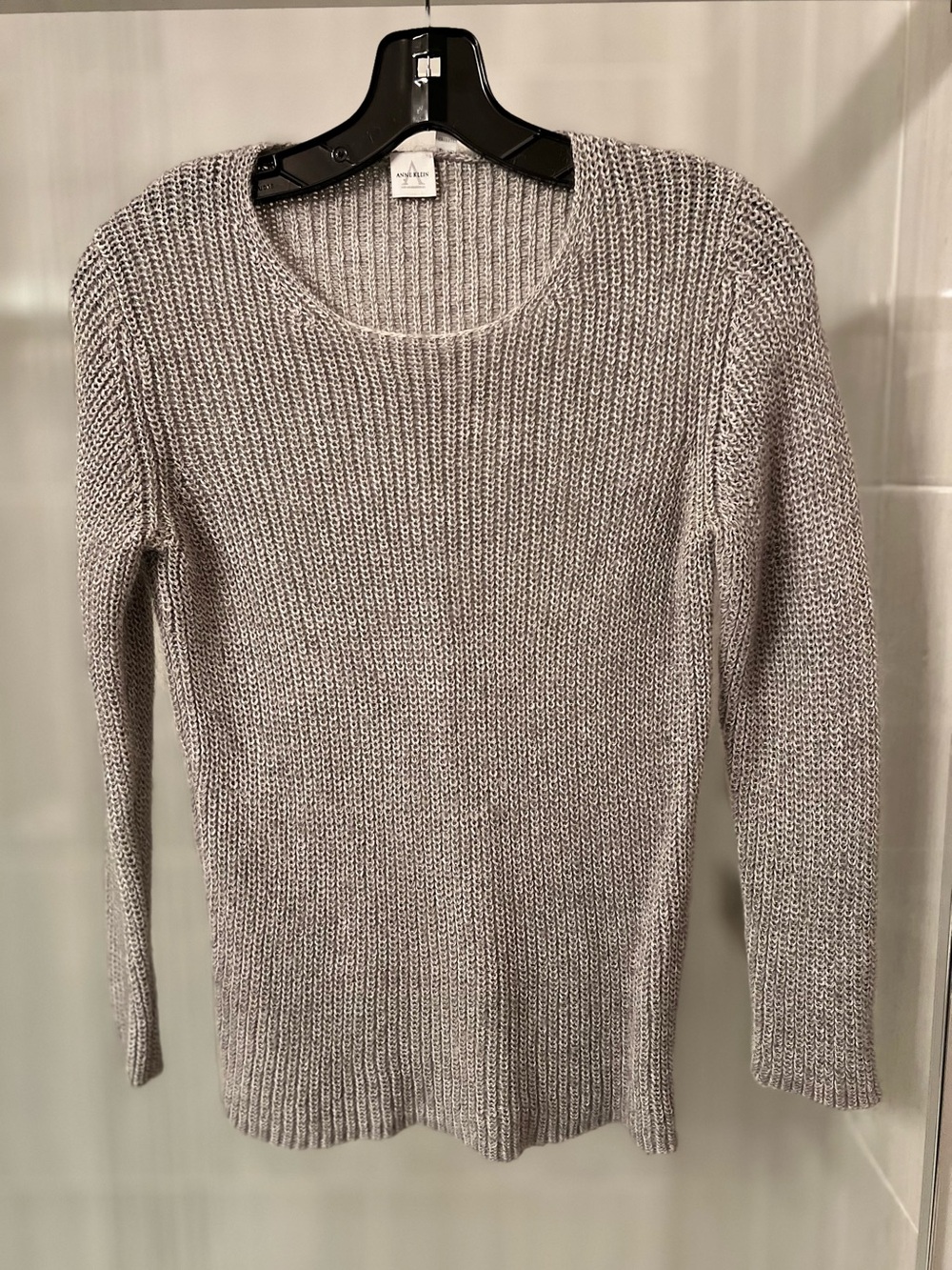 Anne Klein Vintage Mohair Blend Open Loose Knit Scoop Neck Sweater Silver Grey